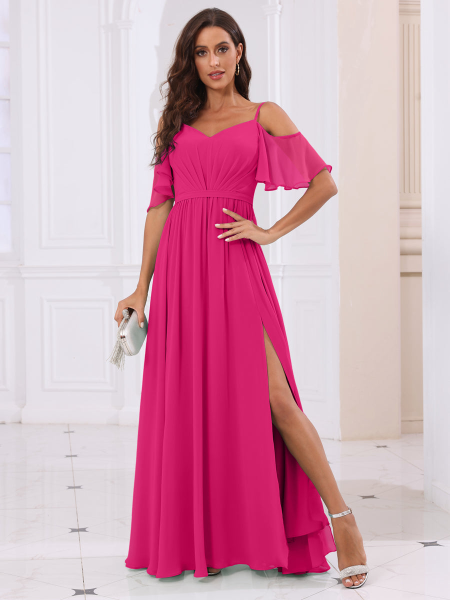 A-Line/Princess Spaghetti Straps Long Bridesmaid Dresses with Split Side Fuchsia Pink