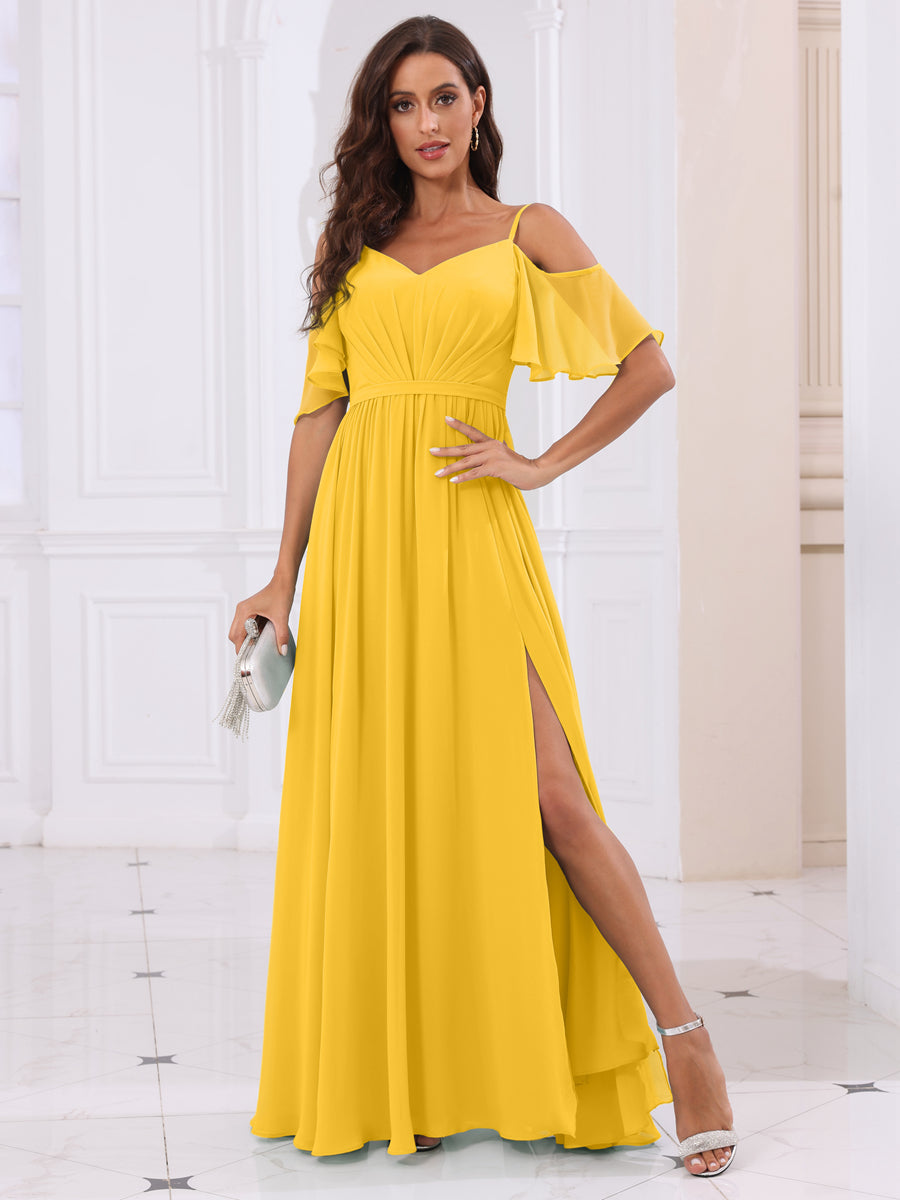 A-Line/Princess Spaghetti Straps Long Bridesmaid Dresses with Split Side Gold