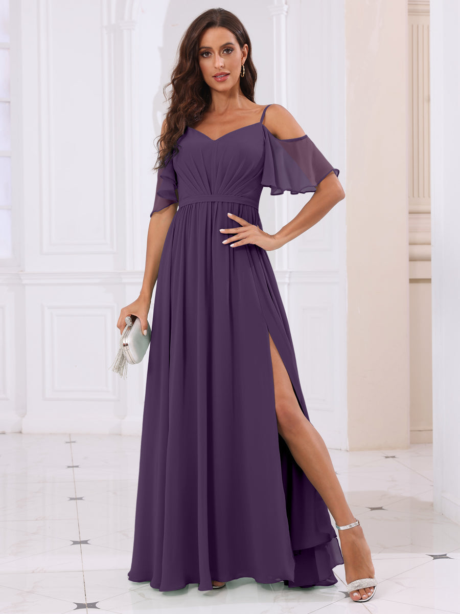 A-Line/Princess Spaghetti Straps Long Bridesmaid Dresses with Split Side Grape