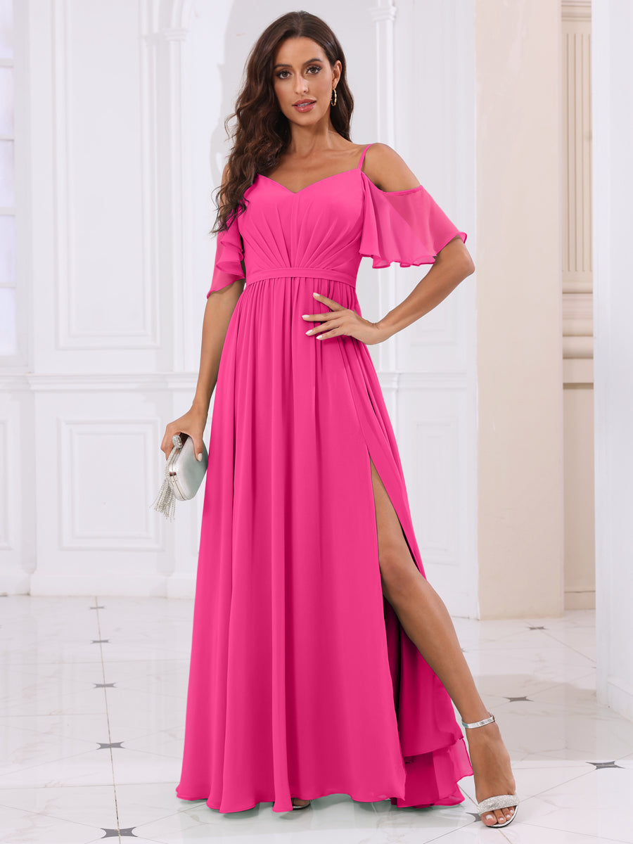 A-Line/Princess Spaghetti Straps Long Bridesmaid Dresses with Split Side Hot Pink
