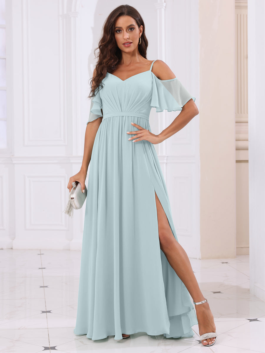 A-Line/Princess Spaghetti Straps Long Bridesmaid Dresses with Split Side Light Blue