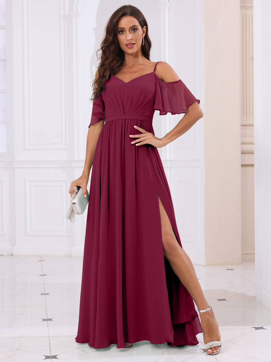 A-Line/Princess Spaghetti Straps Long Bridesmaid Dresses with Split Side Light Burgundy