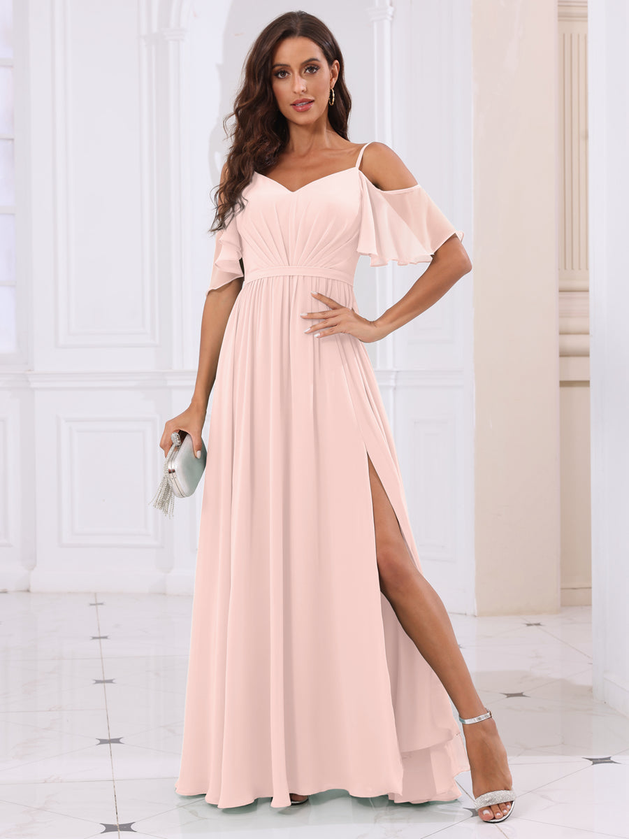 A-Line/Princess Spaghetti Straps Long Bridesmaid Dresses with Split Side Light Pink