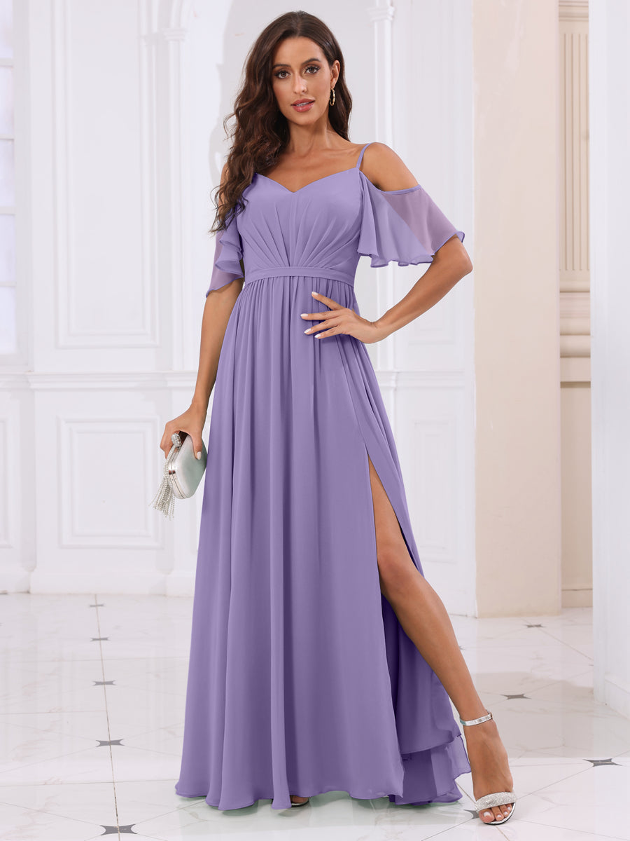 A-Line/Princess Spaghetti Straps Long Bridesmaid Dresses with Split Side Light Purple