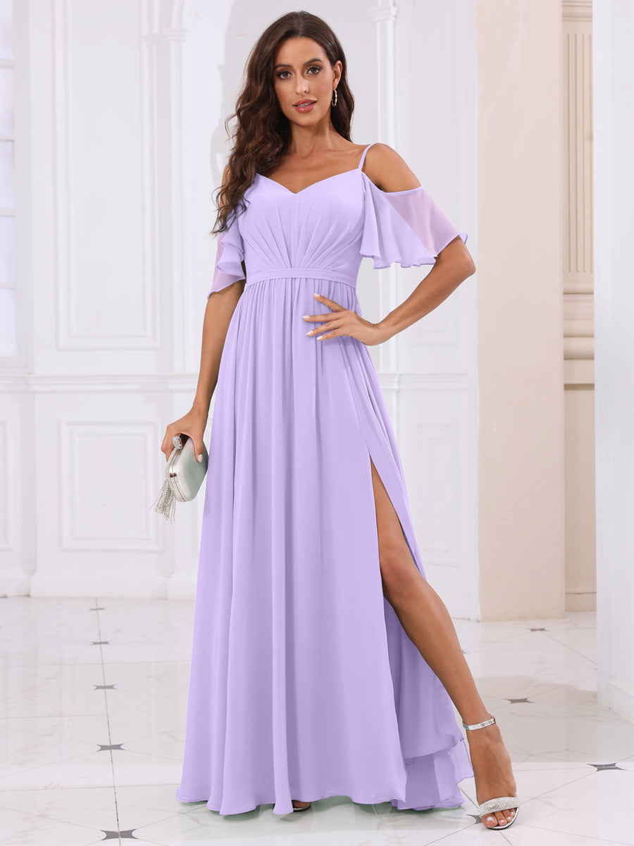 A-Line/Princess Spaghetti Straps Long Bridesmaid Dresses with Split Side Lilac