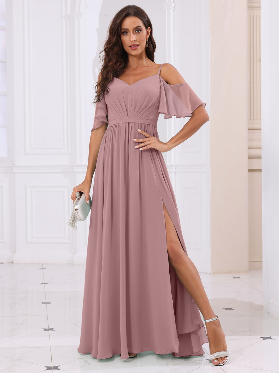 A-Line/Princess Spaghetti Straps Long Bridesmaid Dresses with Split Side Mauve