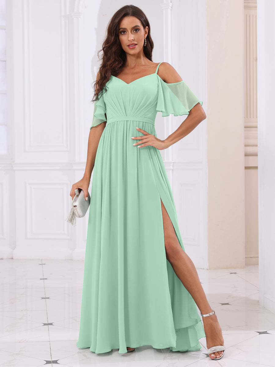 A-Line/Princess Spaghetti Straps Long Bridesmaid Dresses with Split Side Mint Green