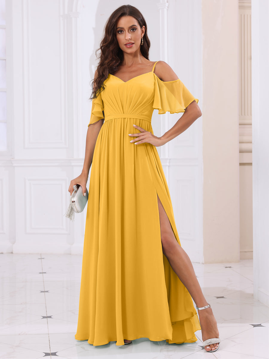 A-Line/Princess Spaghetti Straps Long Bridesmaid Dresses with Split Side Mustard Yellow