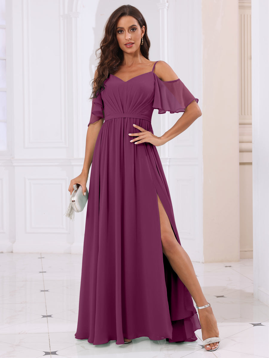A-Line/Princess Spaghetti Straps Long Bridesmaid Dresses with Split Side Orchid