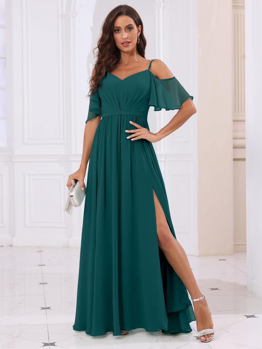 A-Line/Princess Spaghetti Straps Long Bridesmaid Dresses with Split Side Peacock