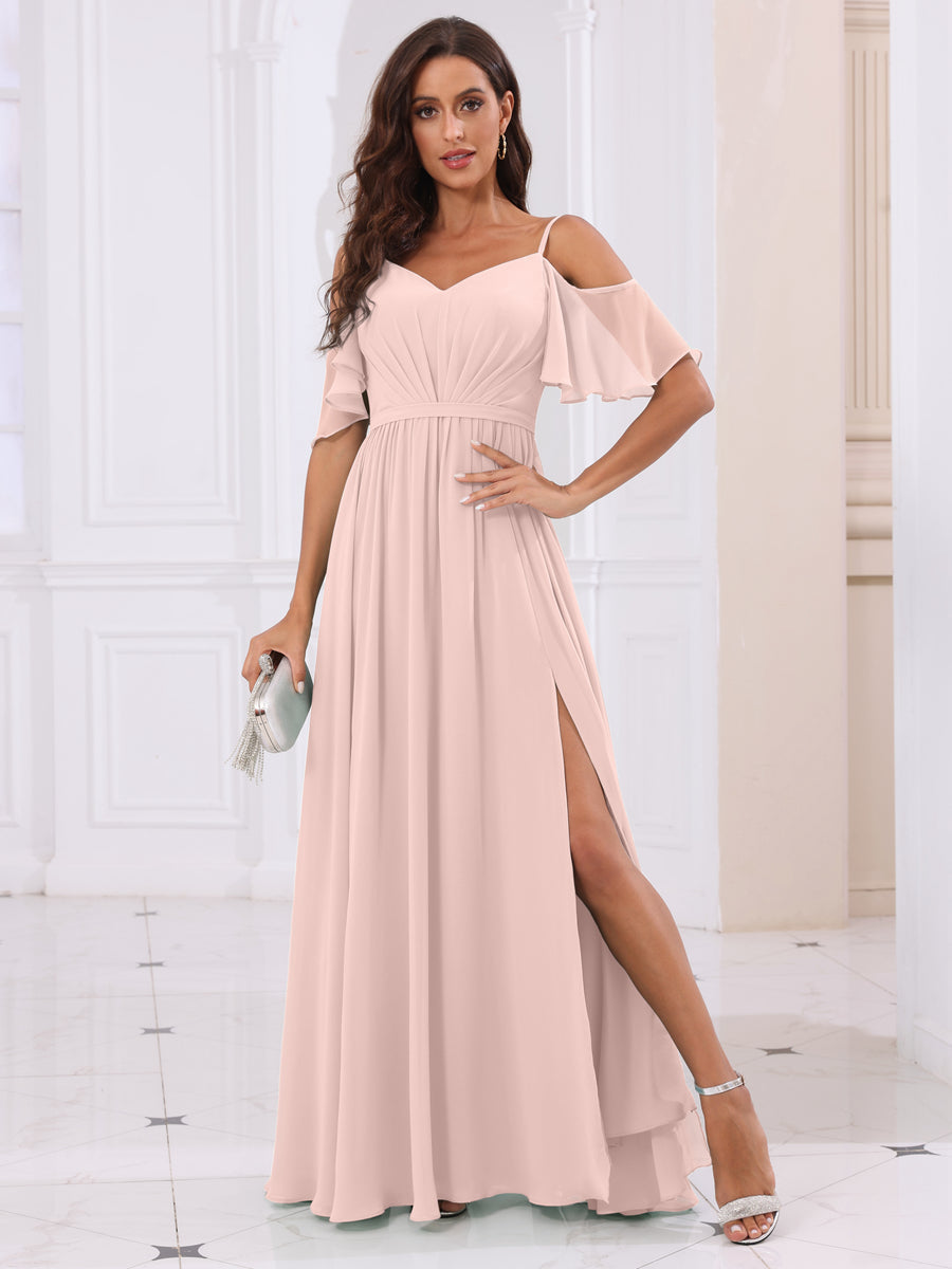 A-Line/Princess Spaghetti Straps Long Bridesmaid Dresses with Split Side Pearl Pink