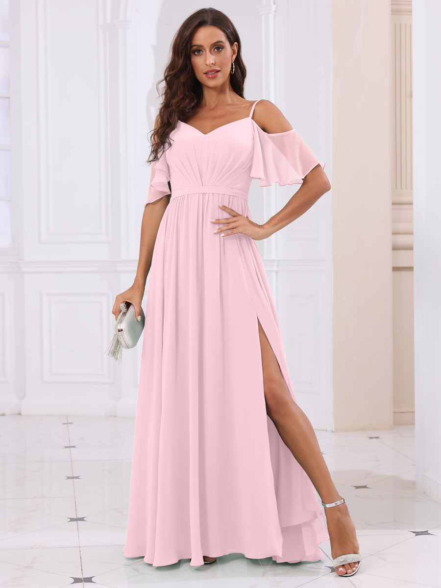 A-Line/Princess Spaghetti Straps Long Bridesmaid Dresses with Split Side Pink
