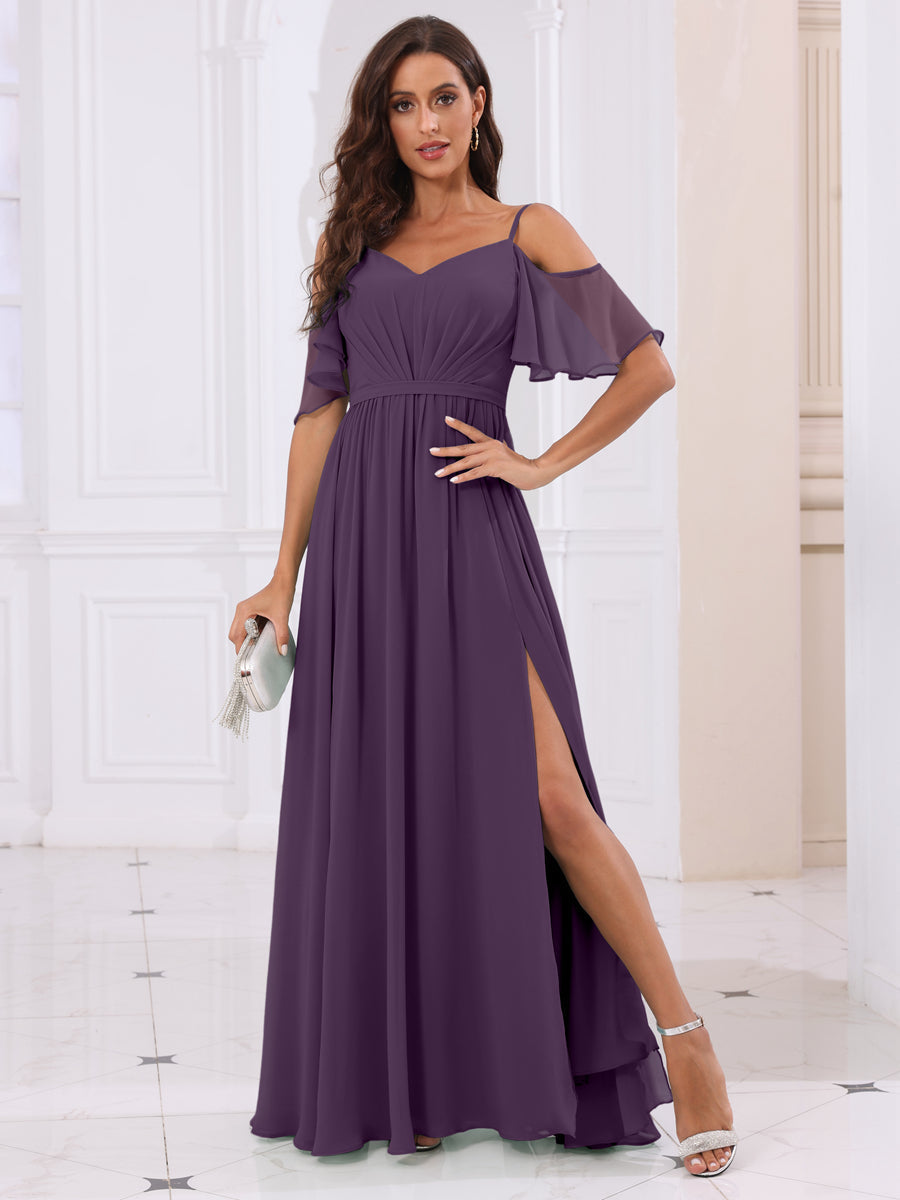 A-Line/Princess Spaghetti Straps Long Bridesmaid Dresses with Split Side Plum