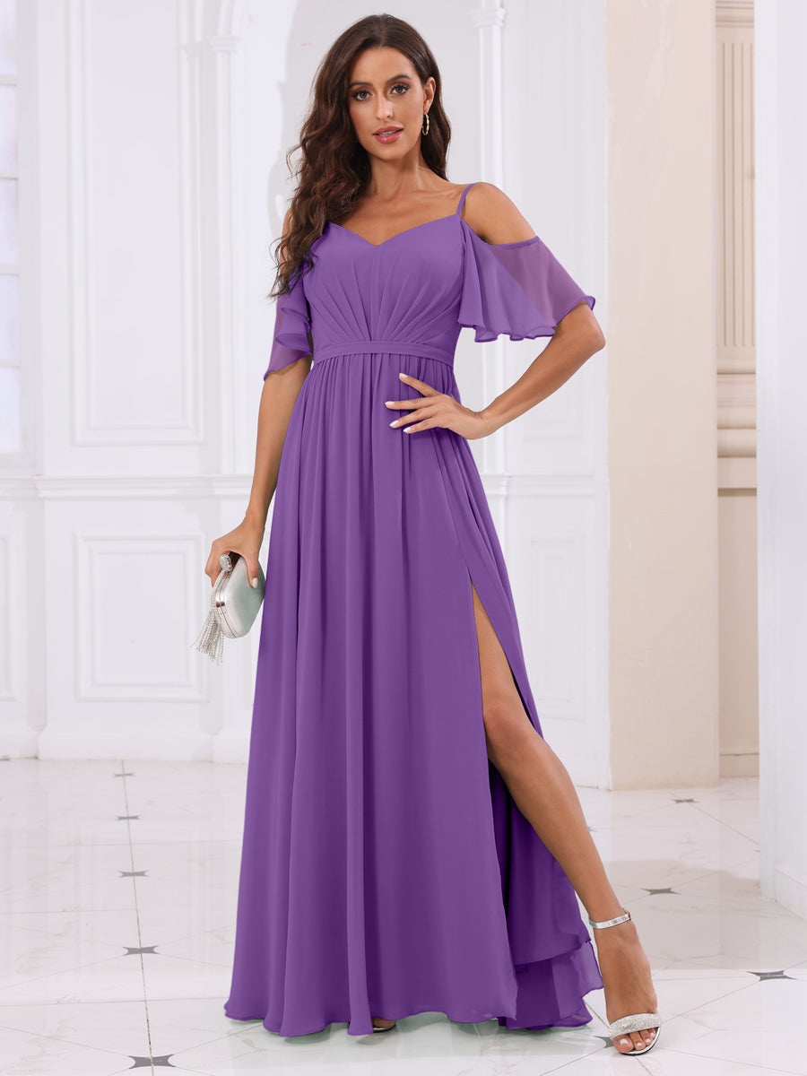 A-Line/Princess Spaghetti Straps Long Bridesmaid Dresses with Split Side Purple
