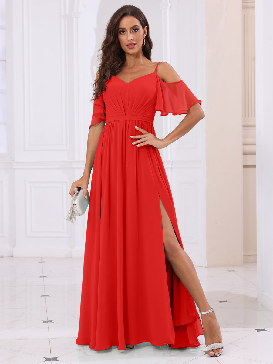 A-Line/Princess Spaghetti Straps Long Bridesmaid Dresses with Split Side Red