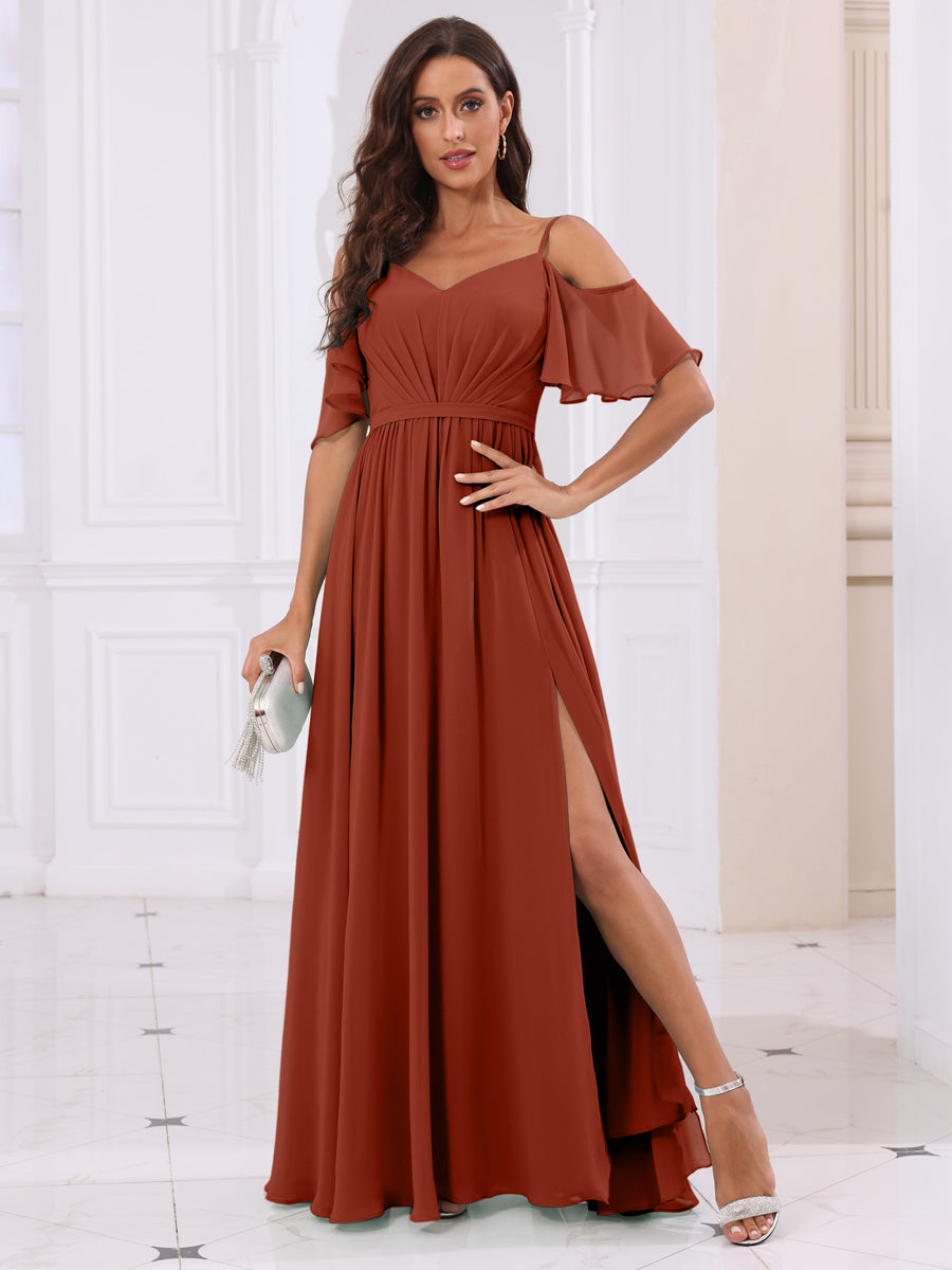 A-Line/Princess Spaghetti Straps Long Bridesmaid Dresses with Split Side Rust