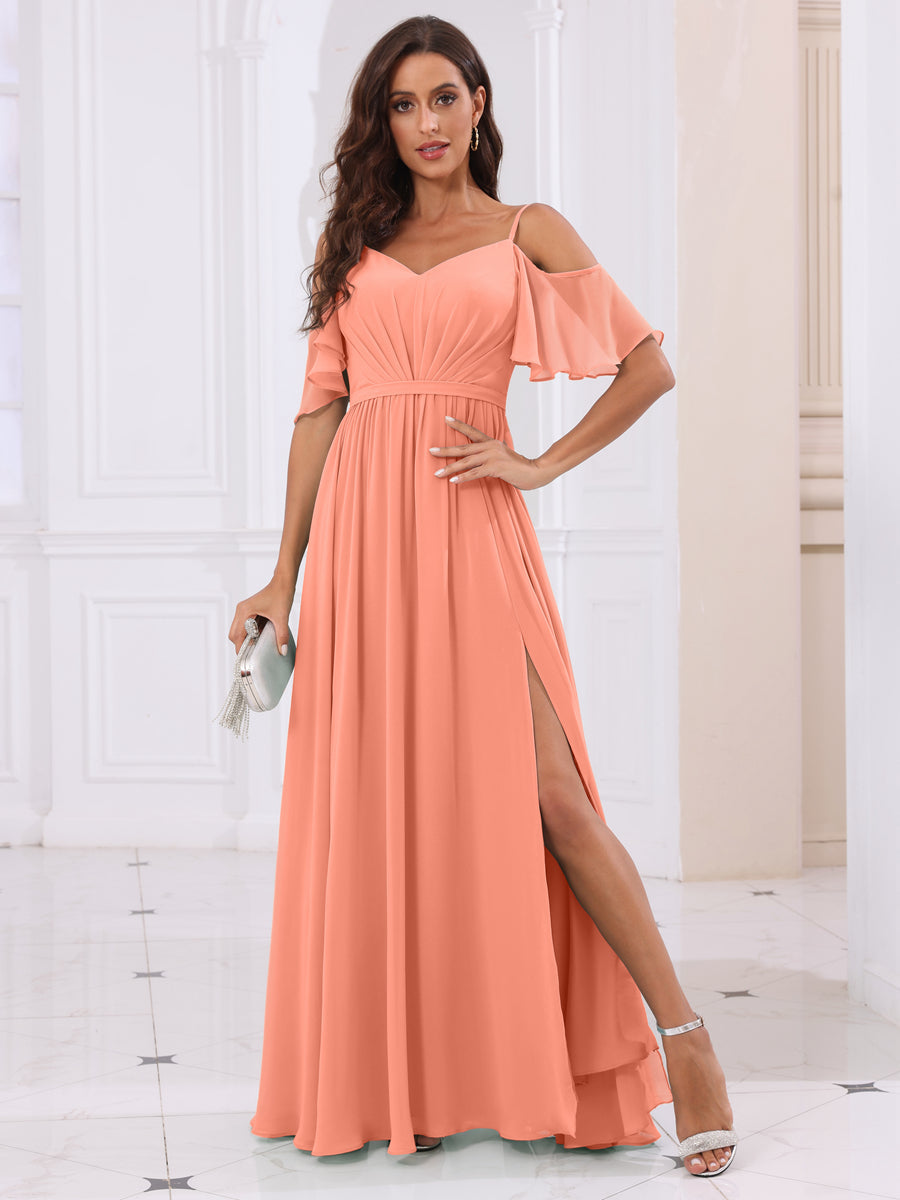 A-Line/Princess Spaghetti Straps Long Bridesmaid Dresses with Split Side Salmon