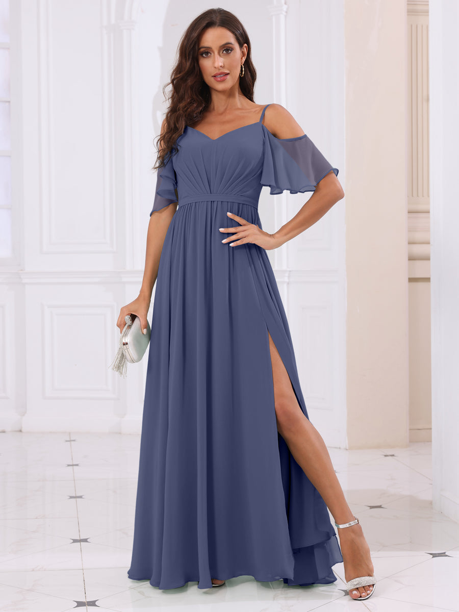 A-Line/Princess Spaghetti Straps Long Bridesmaid Dresses with Split Side Stormy Blue