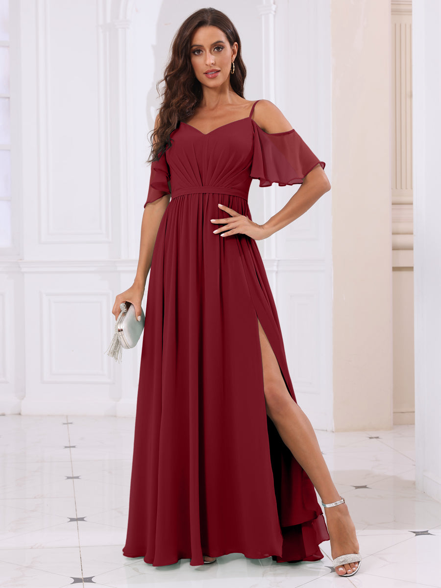 A-Line/Princess Spaghetti Straps Long Bridesmaid Dresses with Split Side Wine Red