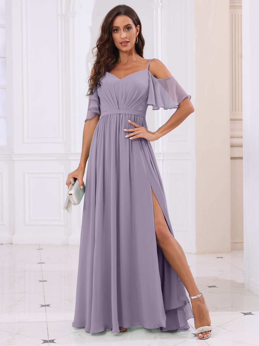 A-Line/Princess Spaghetti Straps Long Bridesmaid Dresses with Split Side Wisteria