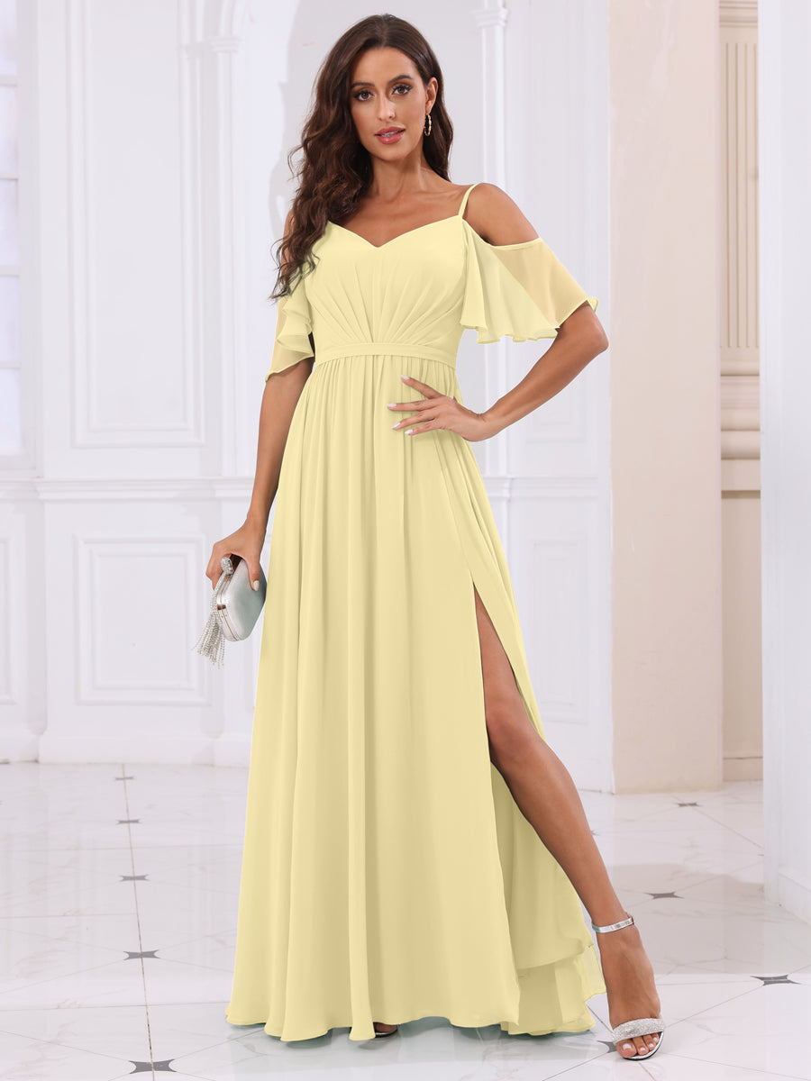 A-Line/Princess Spaghetti Straps Long Bridesmaid Dresses with Split Side Yellow