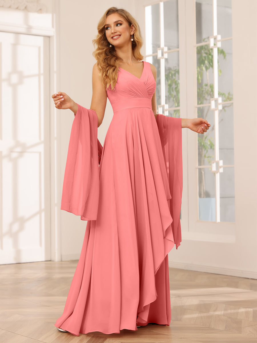 A-Line/Princess V-Neck Asymmetrical Bridesmaid Dresses with Ruffles Coral