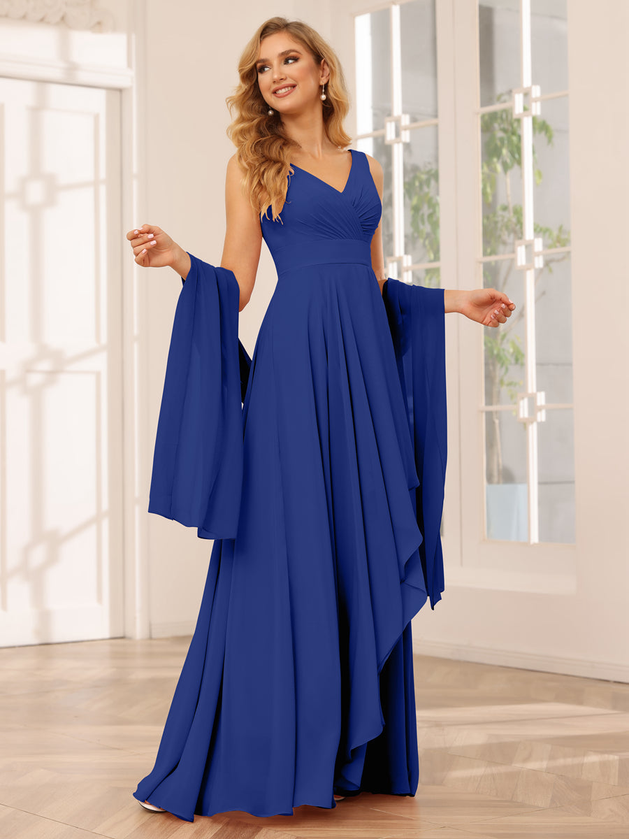 A-Line/Princess V-Neck Asymmetrical Bridesmaid Dresses with Ruffles Dark Royal Blue