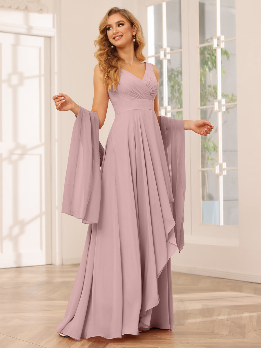 A-Line/Princess V-Neck Asymmetrical Bridesmaid Dresses with Ruffles Dusty Pink
