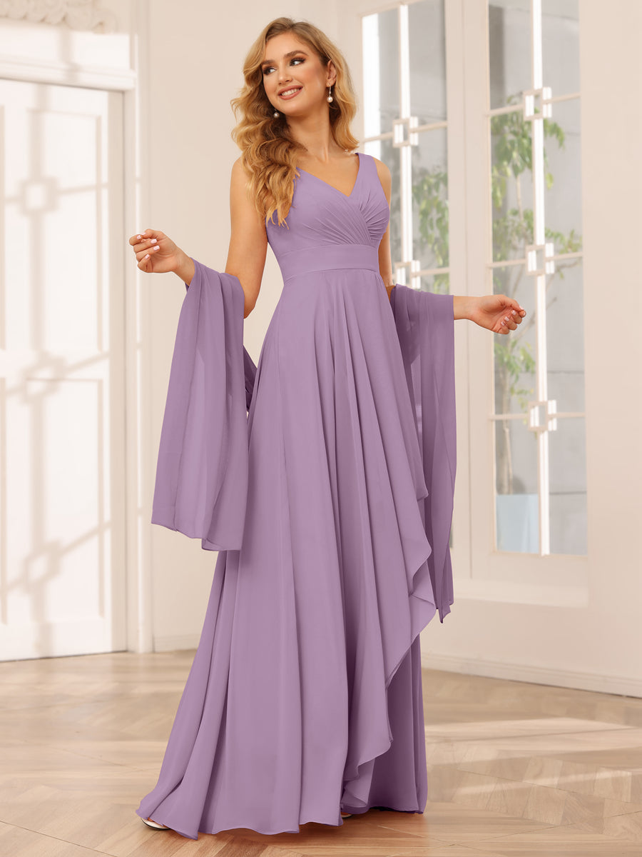 A-Line/Princess V-Neck Asymmetrical Bridesmaid Dresses with Ruffles Dusty Purple
