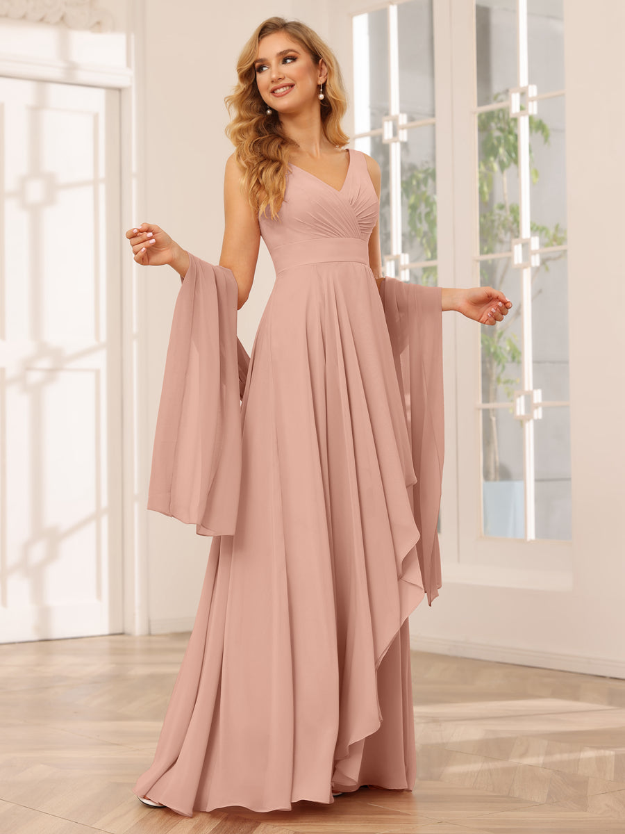 A-Line/Princess V-Neck Asymmetrical Bridesmaid Dresses with Ruffles Dusty Rose