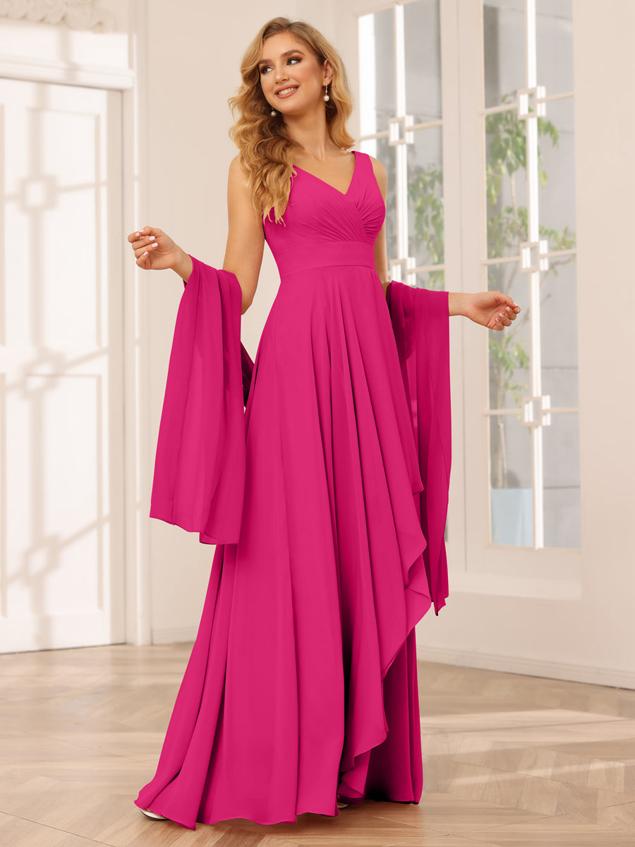 A-Line/Princess V-Neck Asymmetrical Bridesmaid Dresses with Ruffles Fuchsia Pink