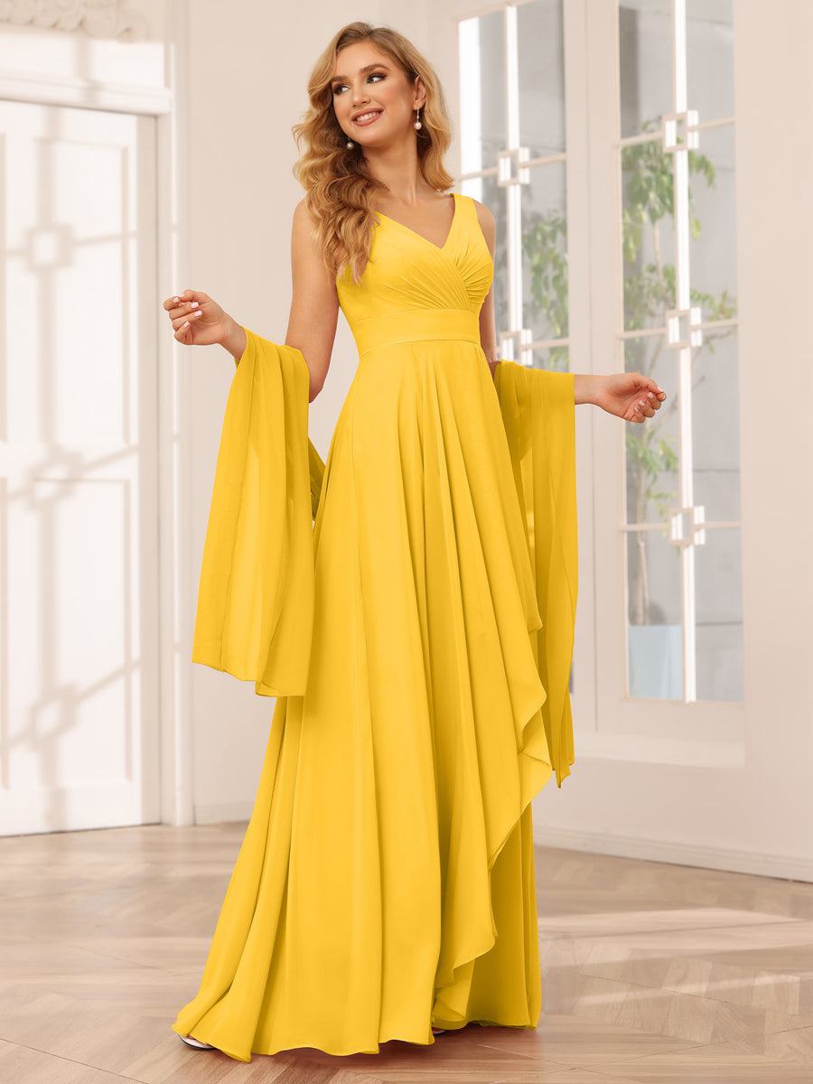 A-Line/Princess V-Neck Asymmetrical Bridesmaid Dresses with Ruffles Gold
