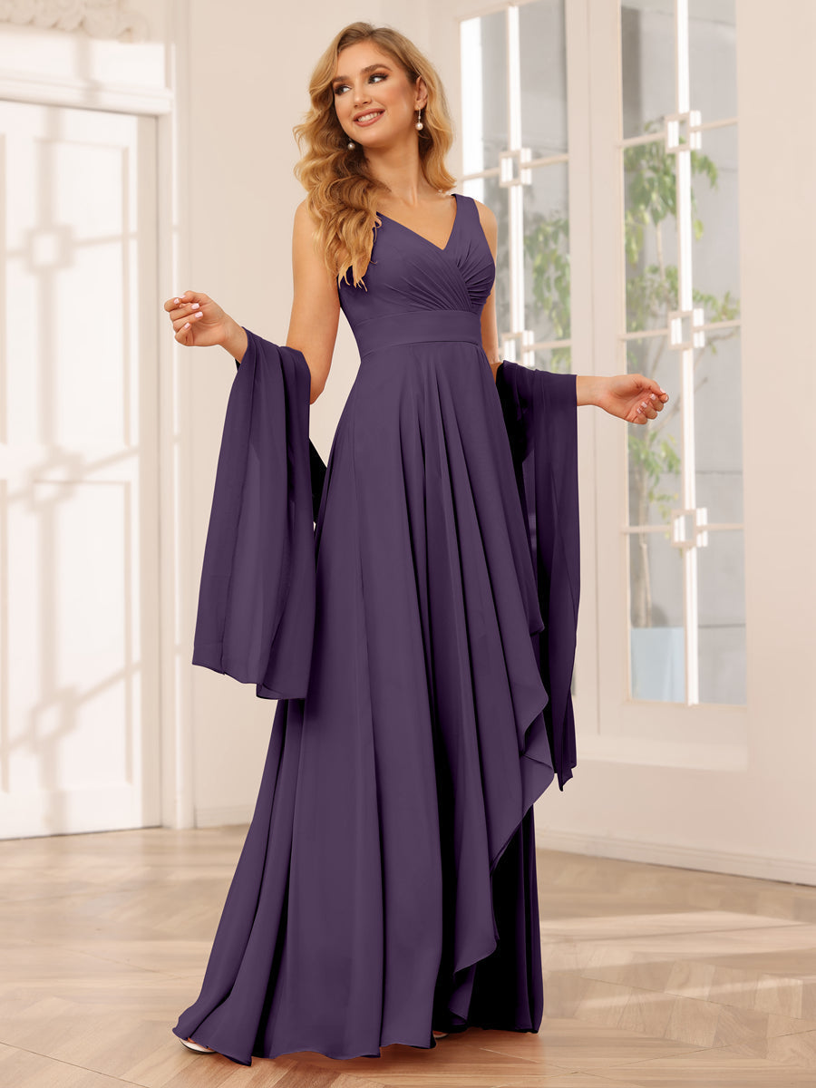 A-Line/Princess V-Neck Asymmetrical Bridesmaid Dresses with Ruffles Grape