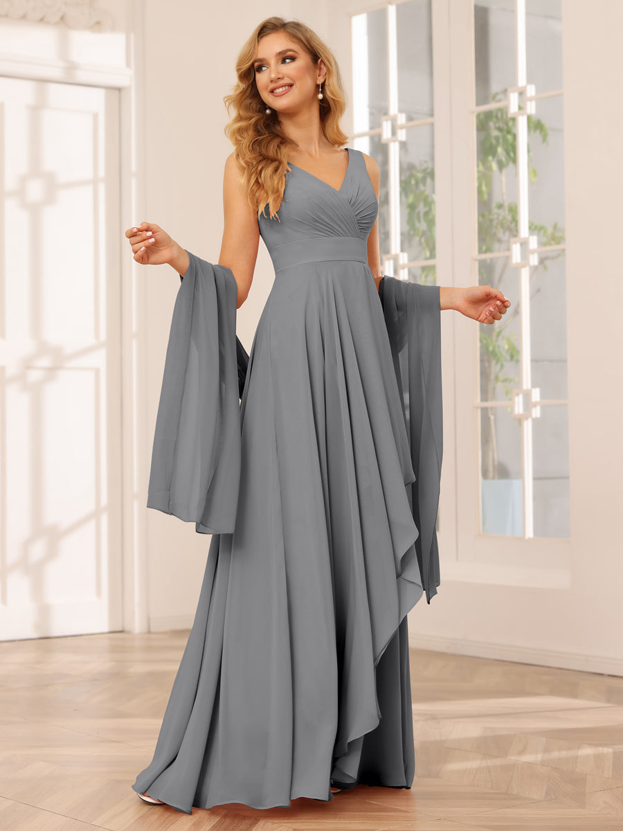A-Line/Princess V-Neck Asymmetrical Bridesmaid Dresses with Ruffles Gray