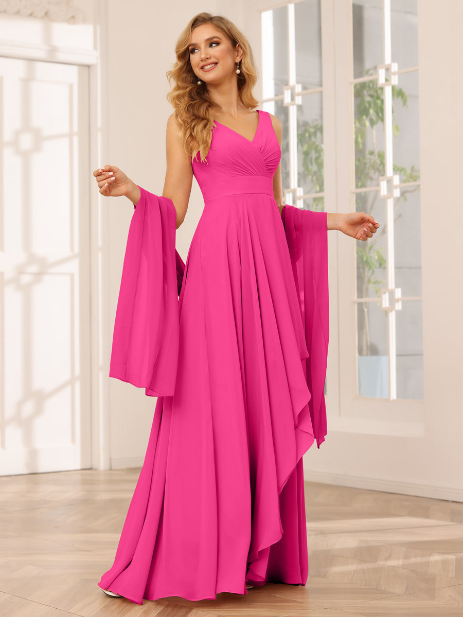 A-Line/Princess V-Neck Asymmetrical Bridesmaid Dresses with Ruffles Hot Pink