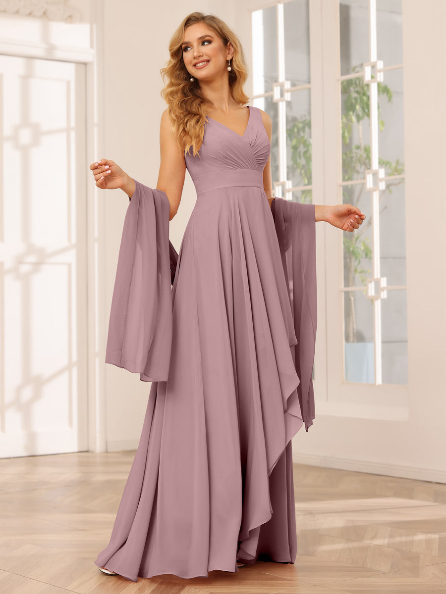 A-Line/Princess V-Neck Asymmetrical Bridesmaid Dresses with Ruffles Mauve