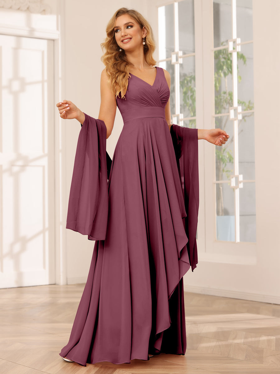 A-Line/Princess V-Neck Asymmetrical Bridesmaid Dresses with Ruffles Mulberry