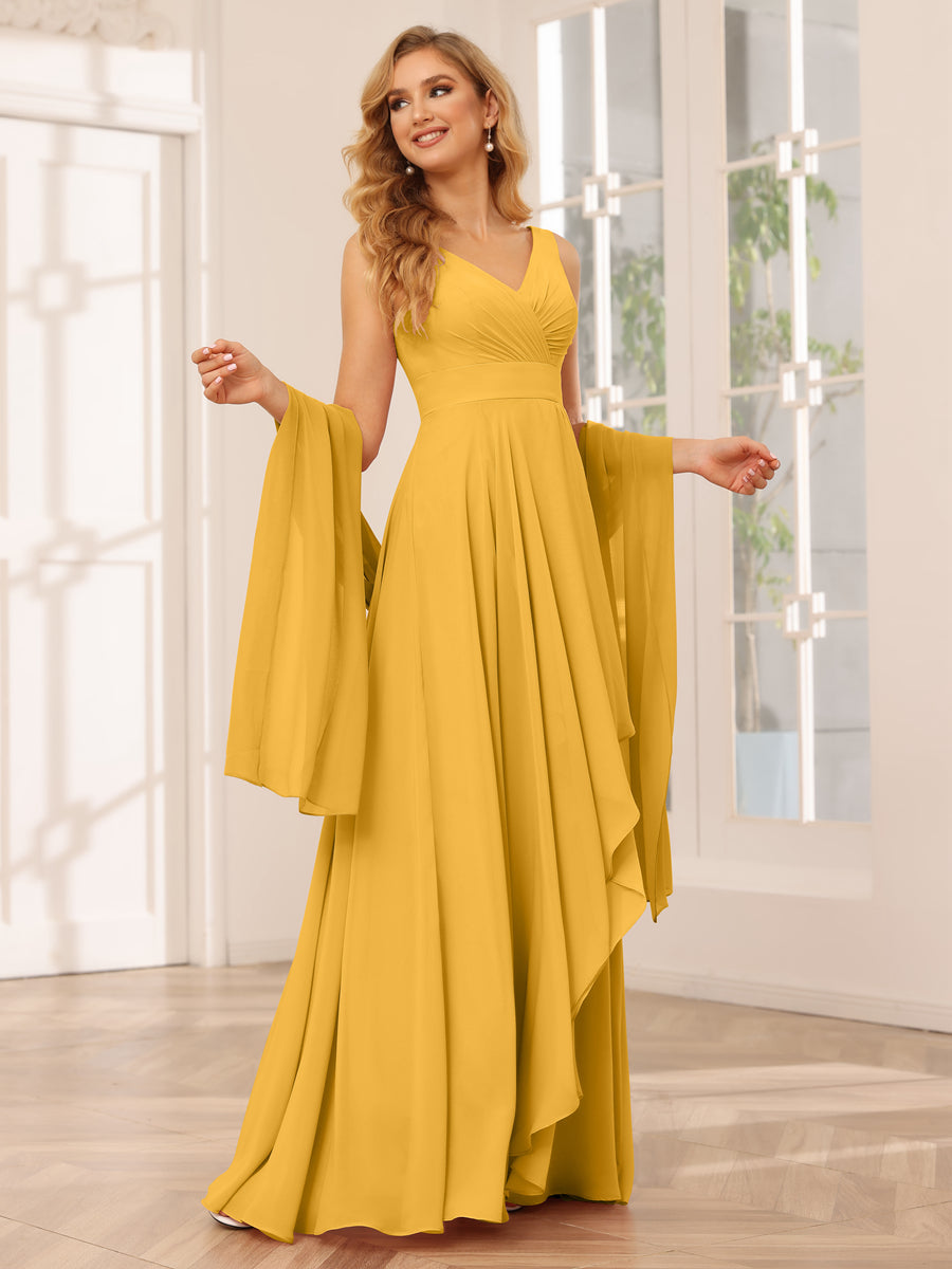 A-Line/Princess V-Neck Asymmetrical Bridesmaid Dresses with Ruffles Mustard Yellow