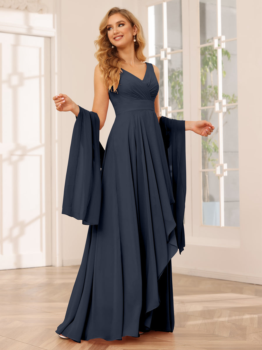 A-Line/Princess V-Neck Asymmetrical Bridesmaid Dresses with Ruffles Navy Blue