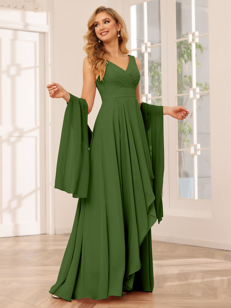 A-Line/Princess V-Neck Asymmetrical Bridesmaid Dresses with Ruffles Olive Green