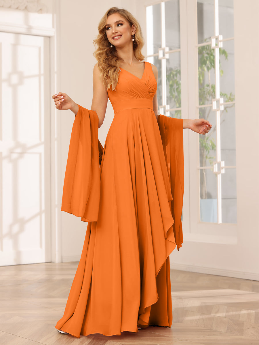 A-Line/Princess V-Neck Asymmetrical Bridesmaid Dresses with Ruffles Orange