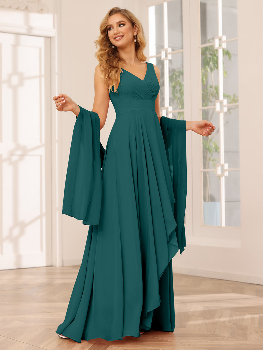 A-Line/Princess V-Neck Asymmetrical Bridesmaid Dresses with Ruffles Peacock