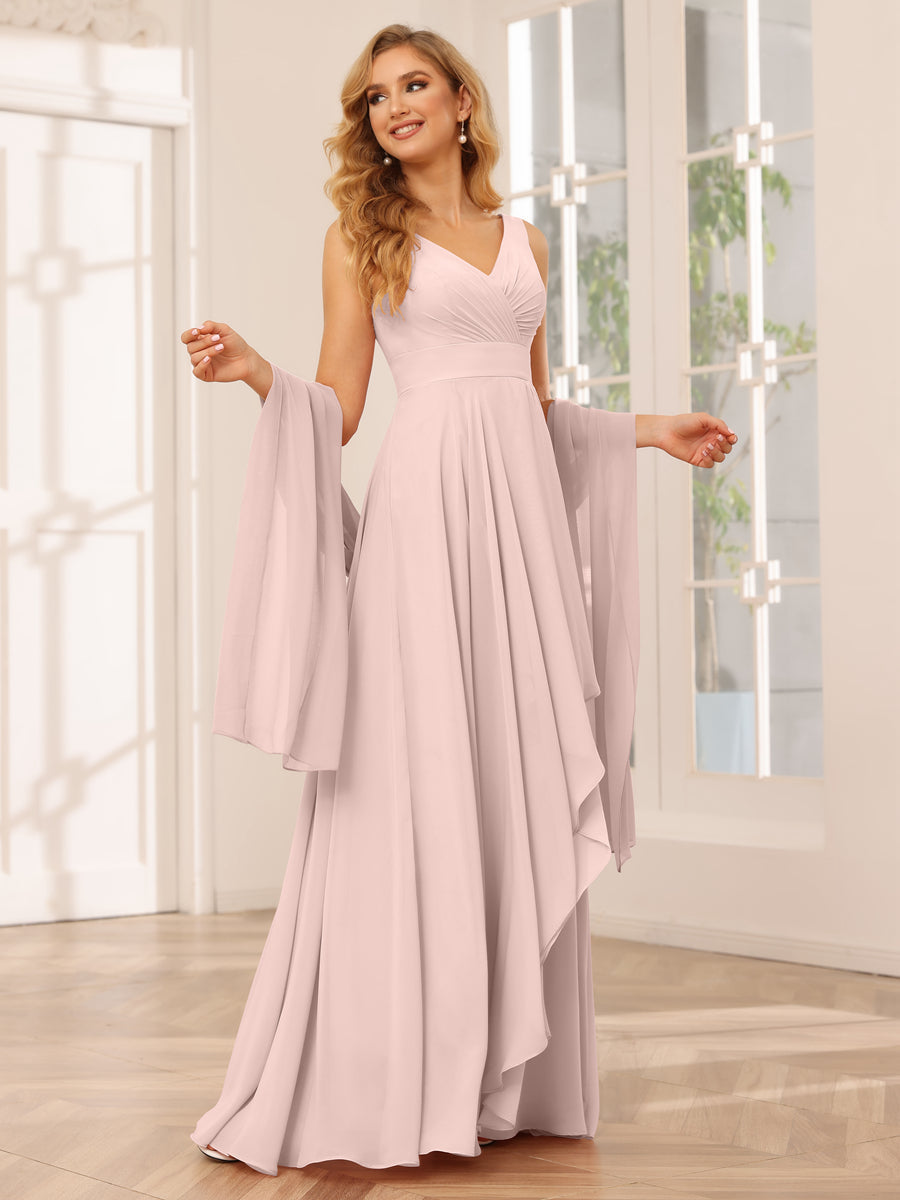 A-Line/Princess V-Neck Asymmetrical Bridesmaid Dresses with Ruffles Pearl Pink