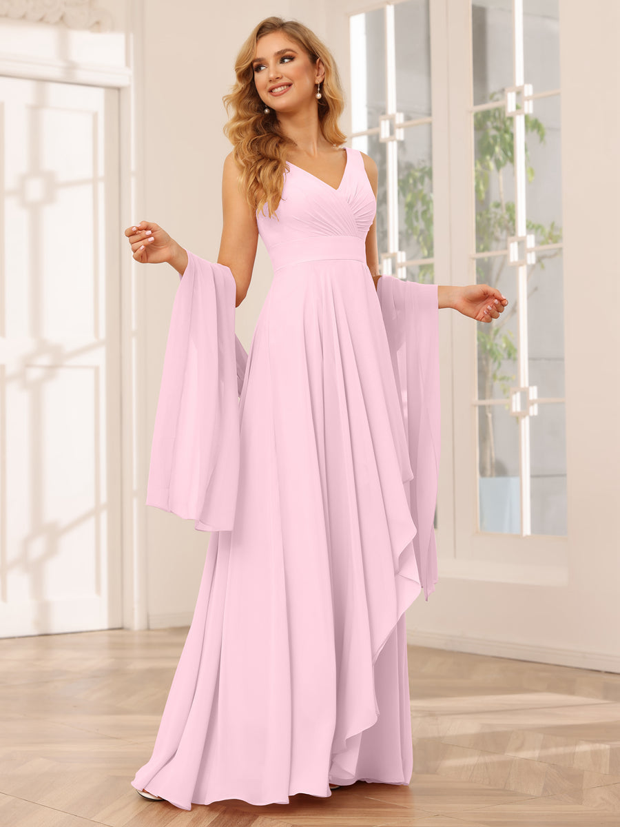 A-Line/Princess V-Neck Asymmetrical Bridesmaid Dresses with Ruffles Pink