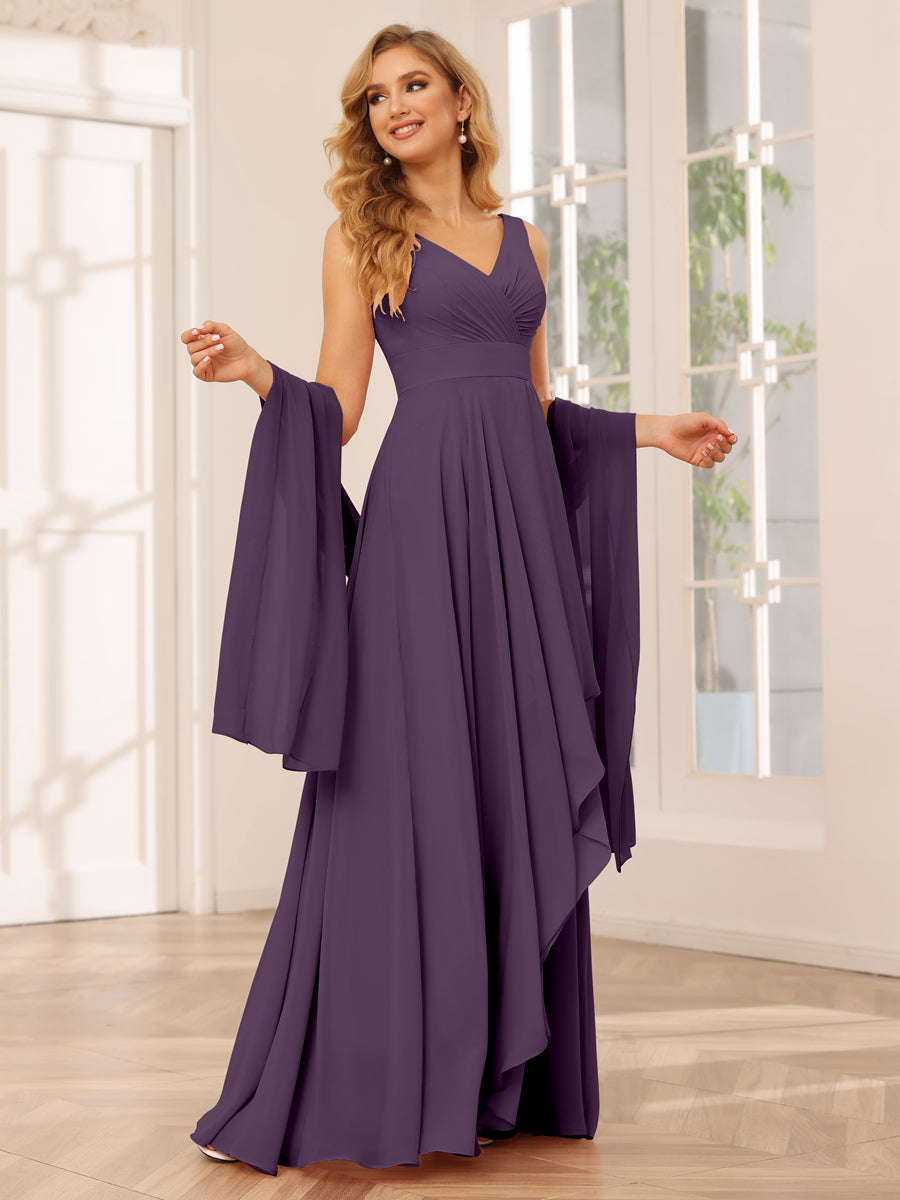 A-Line/Princess V-Neck Asymmetrical Bridesmaid Dresses with Ruffles Plum