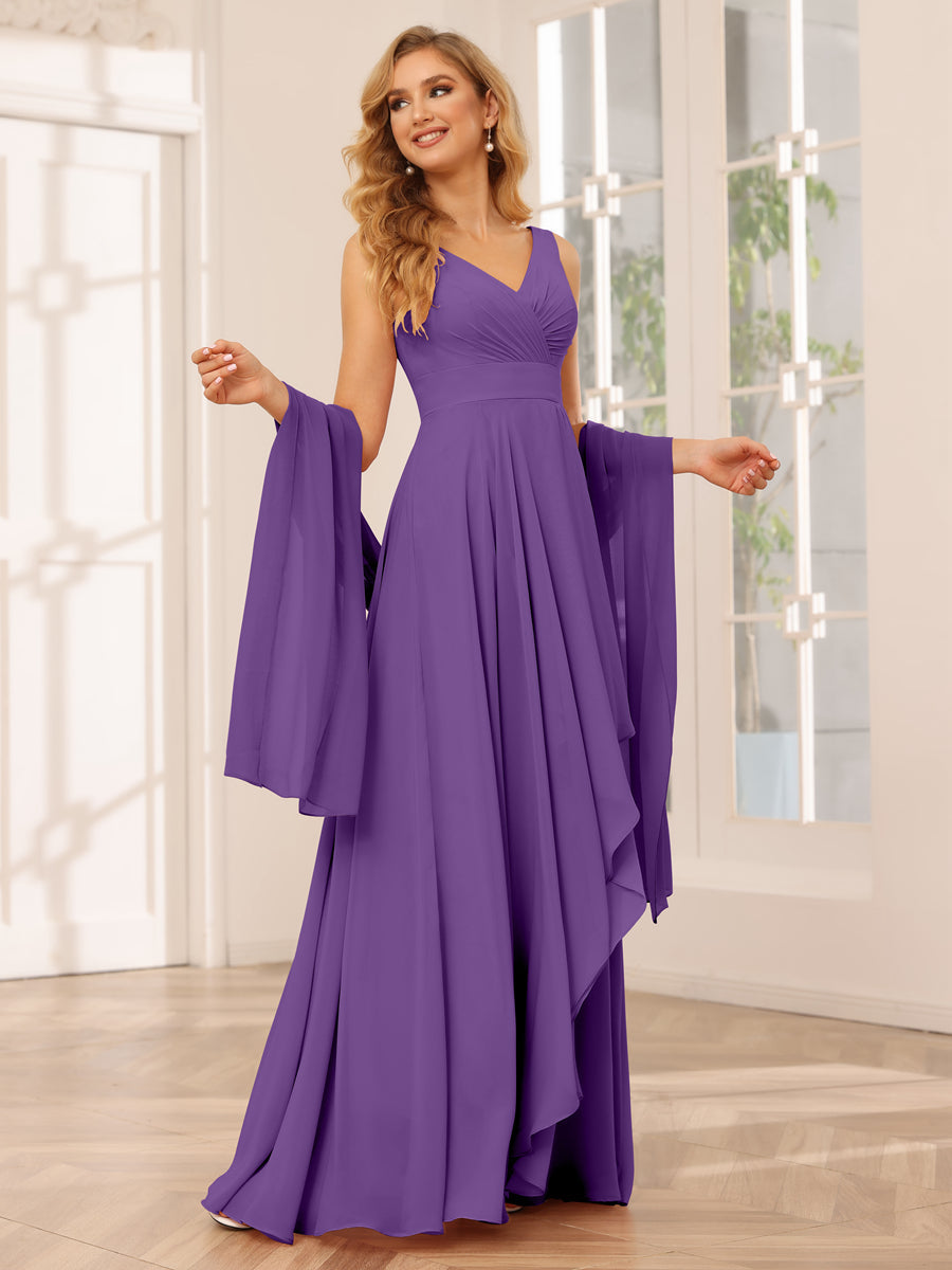 A-Line/Princess V-Neck Asymmetrical Bridesmaid Dresses with Ruffles Purple