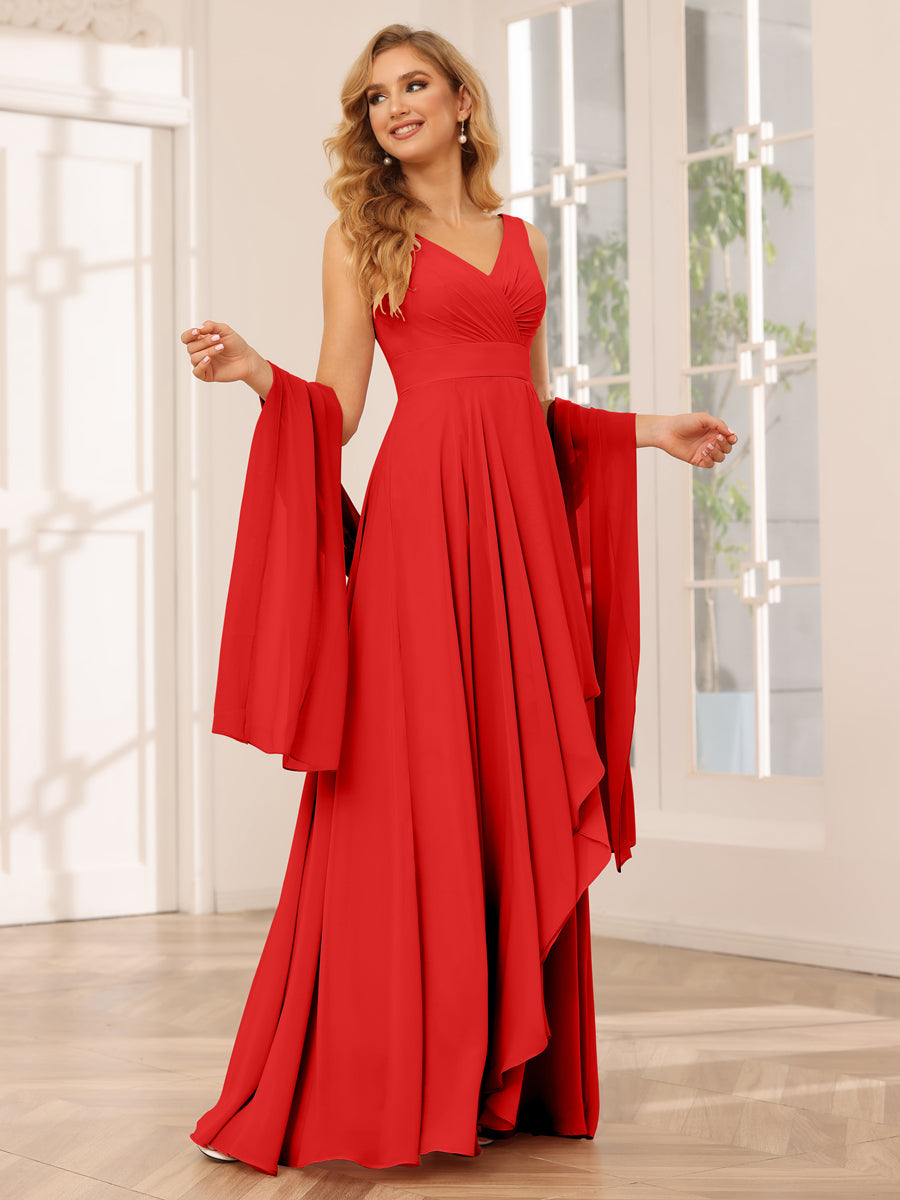 A-Line/Princess V-Neck Asymmetrical Bridesmaid Dresses with Ruffles Red