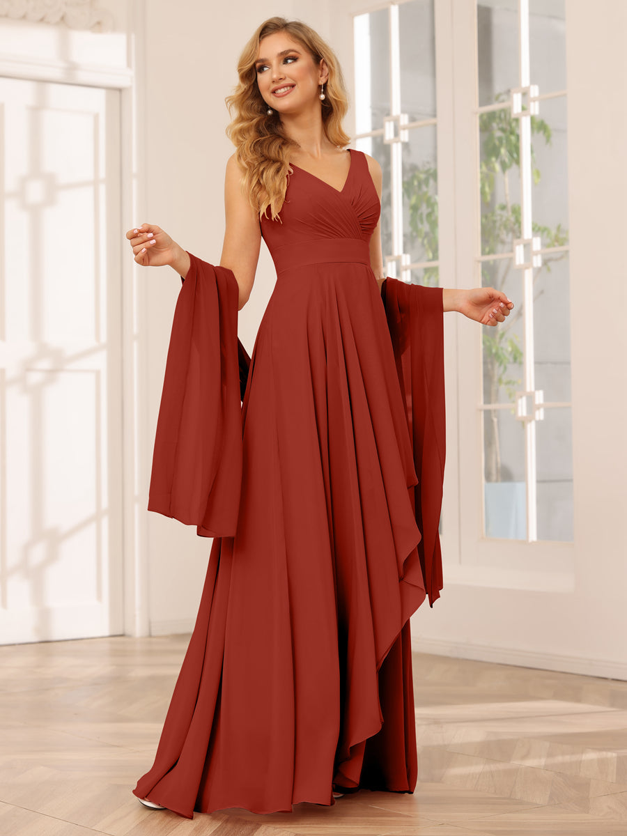 A-Line/Princess V-Neck Asymmetrical Bridesmaid Dresses with Ruffles Rust