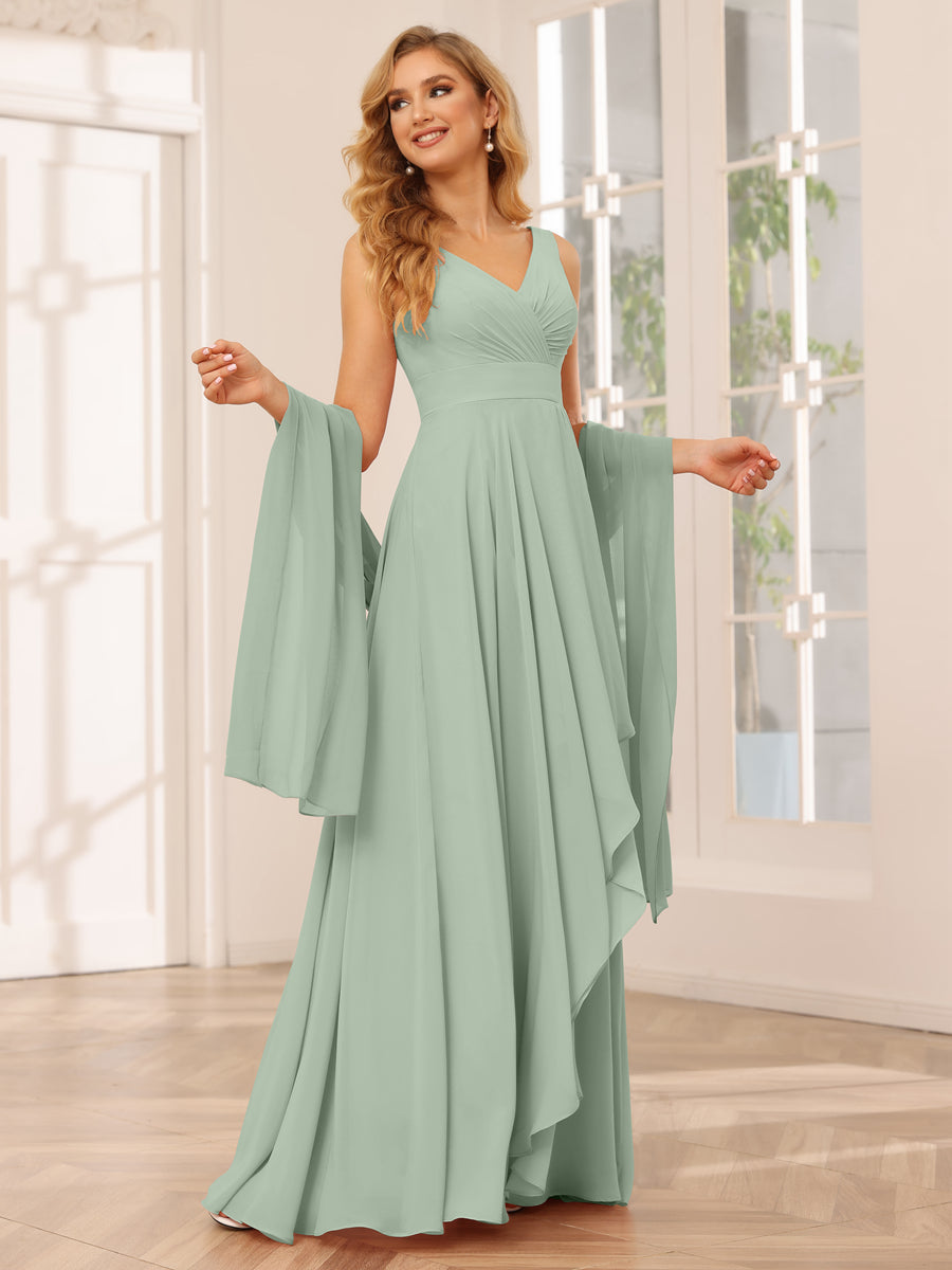A-Line/Princess V-Neck Asymmetrical Bridesmaid Dresses with Ruffles Sage