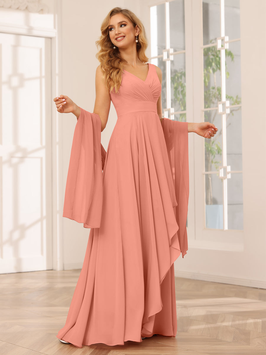 A-Line/Princess V-Neck Asymmetrical Bridesmaid Dresses with Ruffles Salmon
